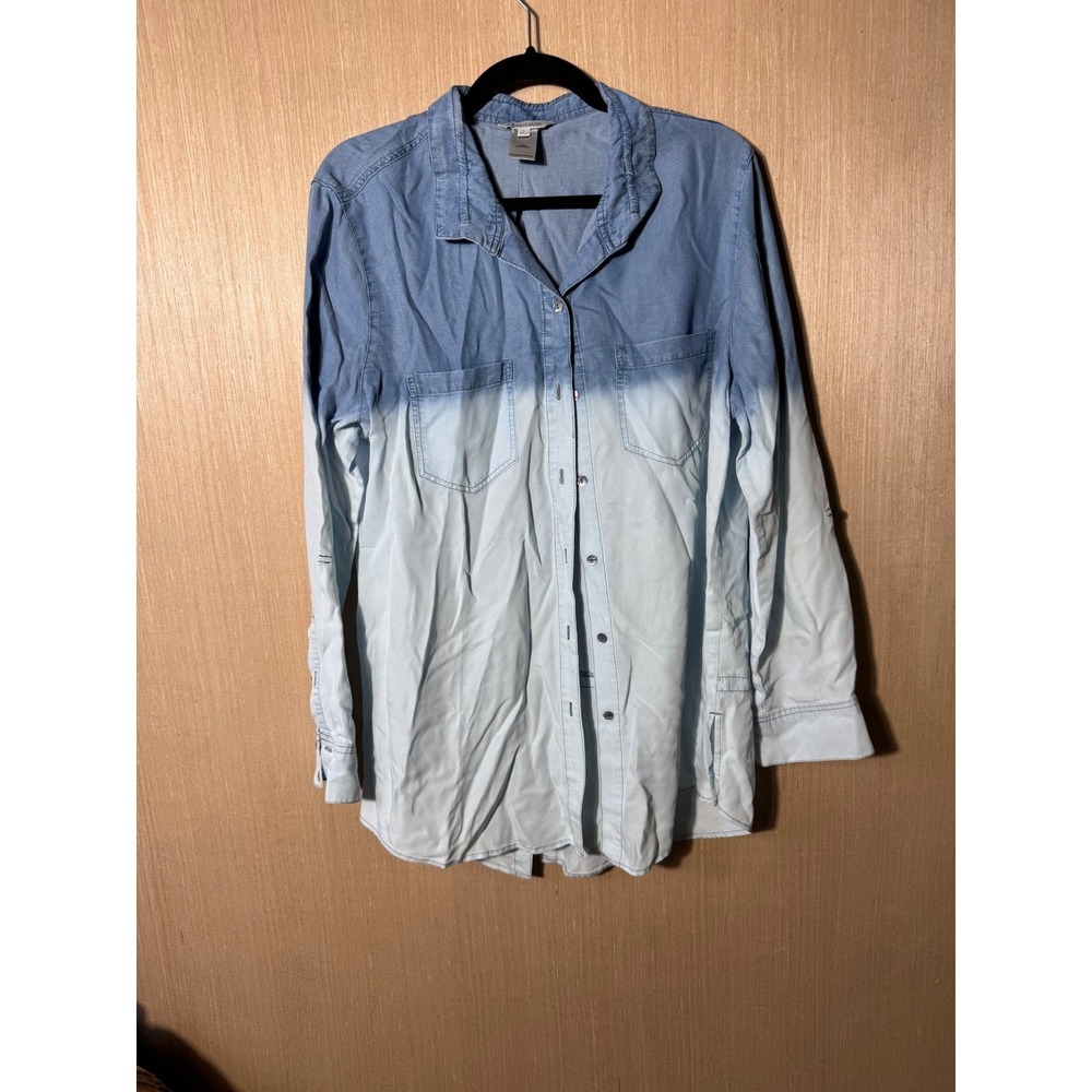 John Mark Women's Chambray Ombre Button Down Long Sleeve Shirt Dress Size L‎